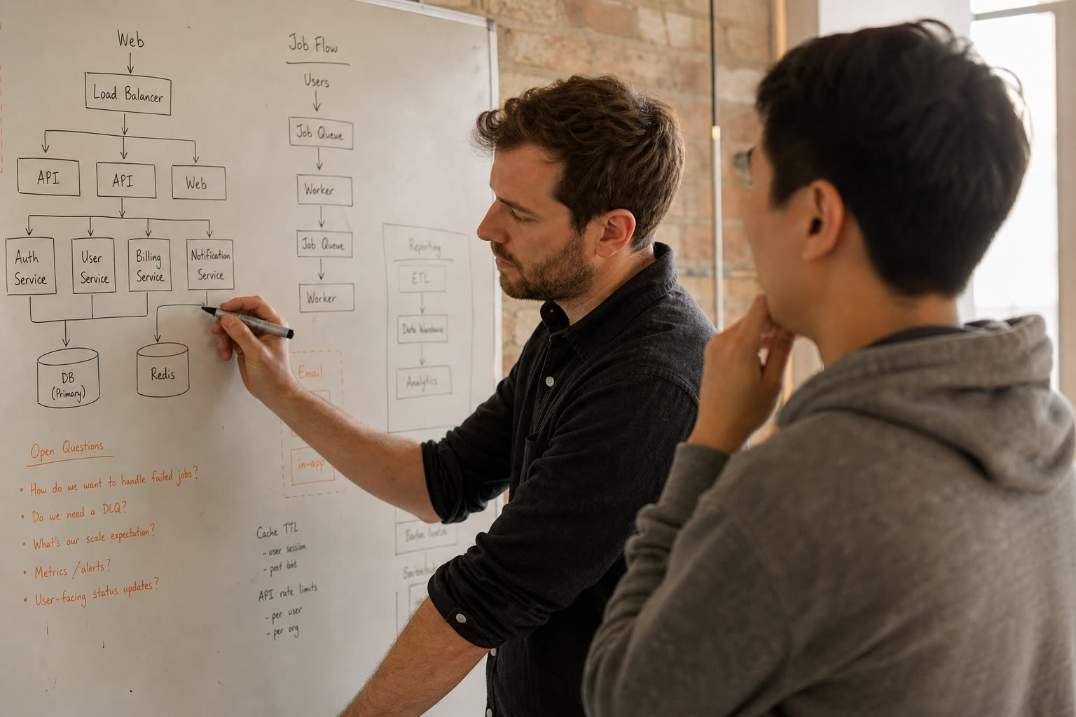 Whiteboard covered in a scoped system sketch with boxes and arrows during a back-office planning session