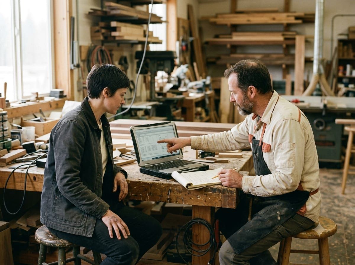 Two people at a shop counter reviewing a laptop and notepad together during a consult
