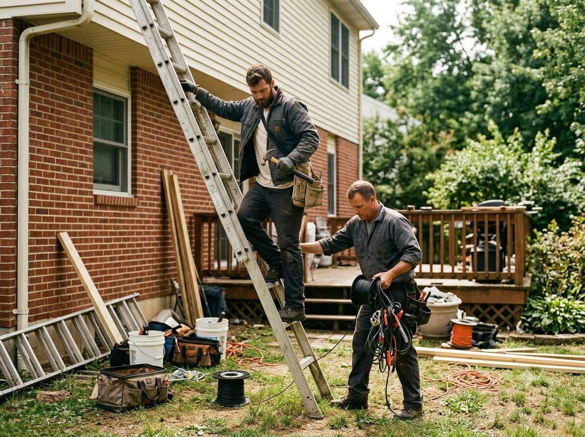 Two-man crew working at the back of a house, one coming down a ladder