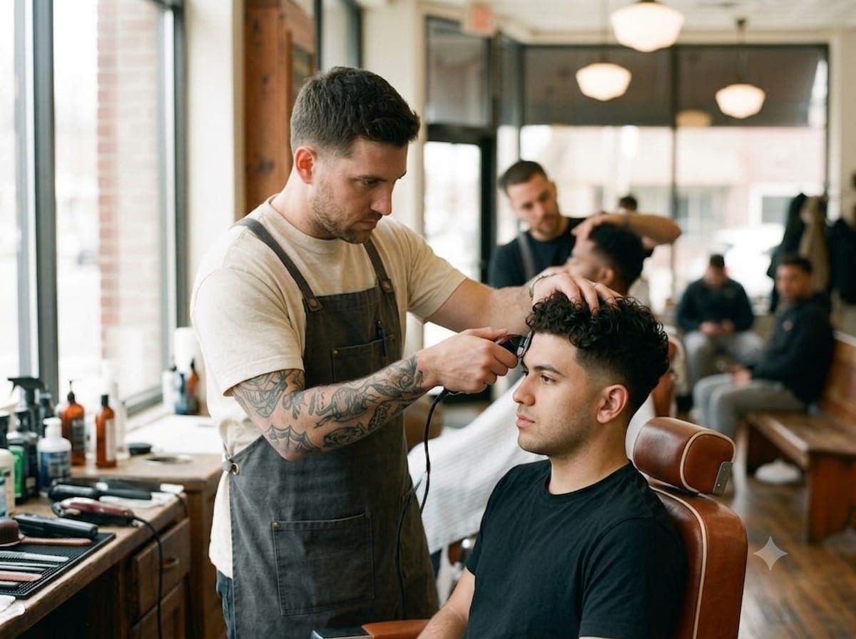 Barber cutting a client's hair in a busy shop, every chair full