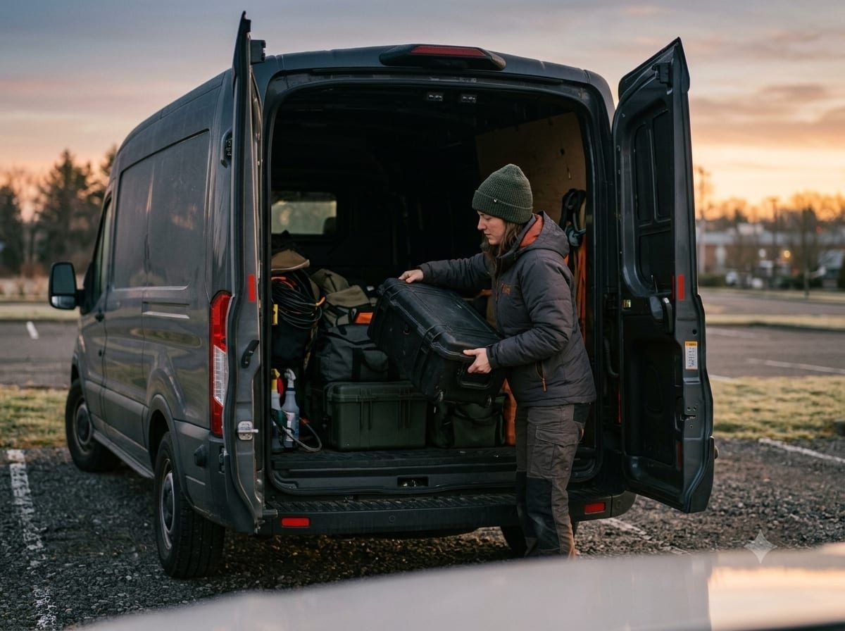 Loading equipment cases into the back of a work van at dawn