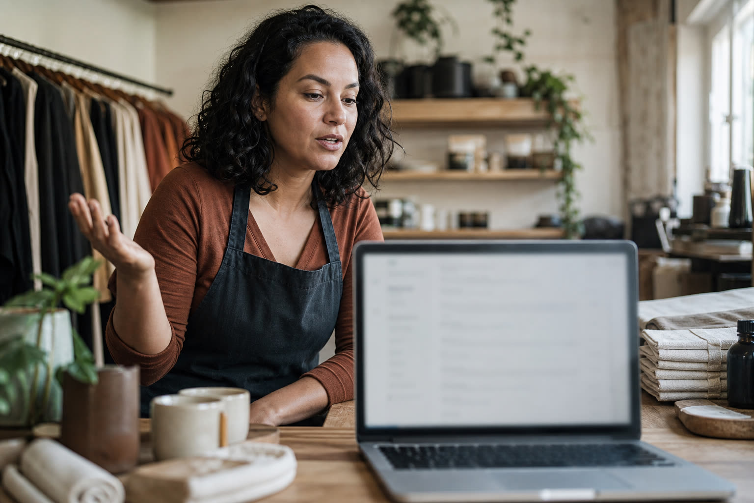 Shop owner at the counter scrolling job history on a laptop while thinking through a plain-language question