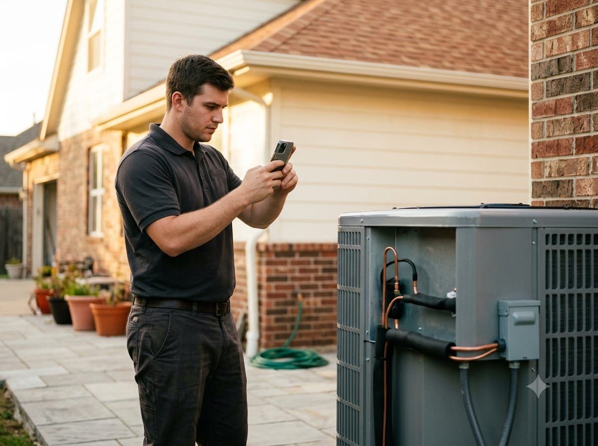 Technician photographing a finished condenser install with his phone