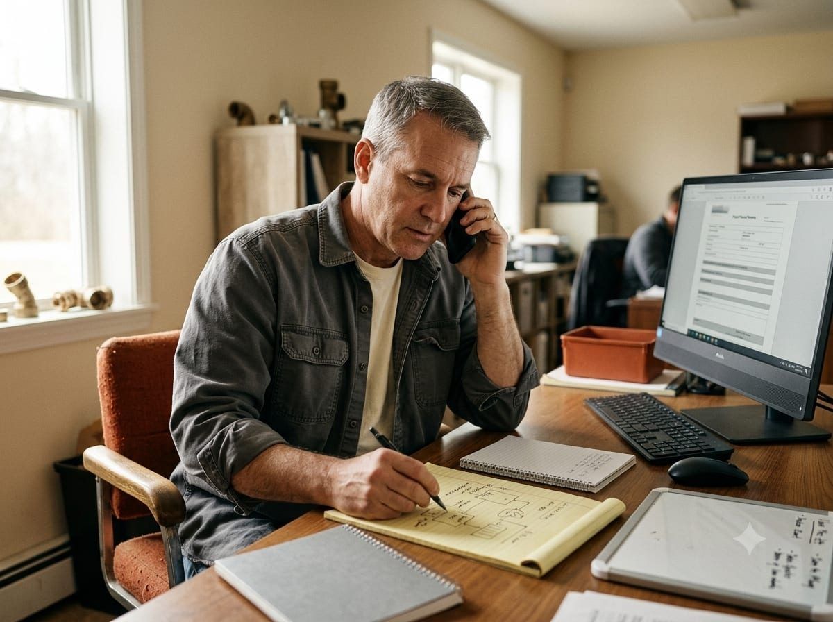 Business owner on a phone call sketching a system diagram on a notepad