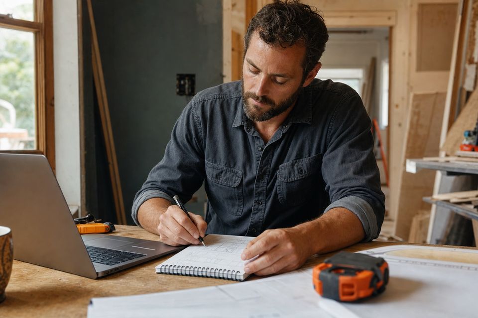 Contractor sketching a quote on a notepad beside a laptop