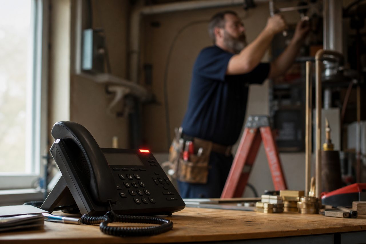 Trade worker with hands full while the desk phone rings