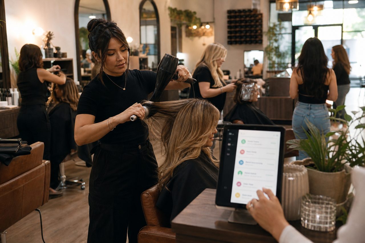 Busy salon with bookings landing at the reception desk