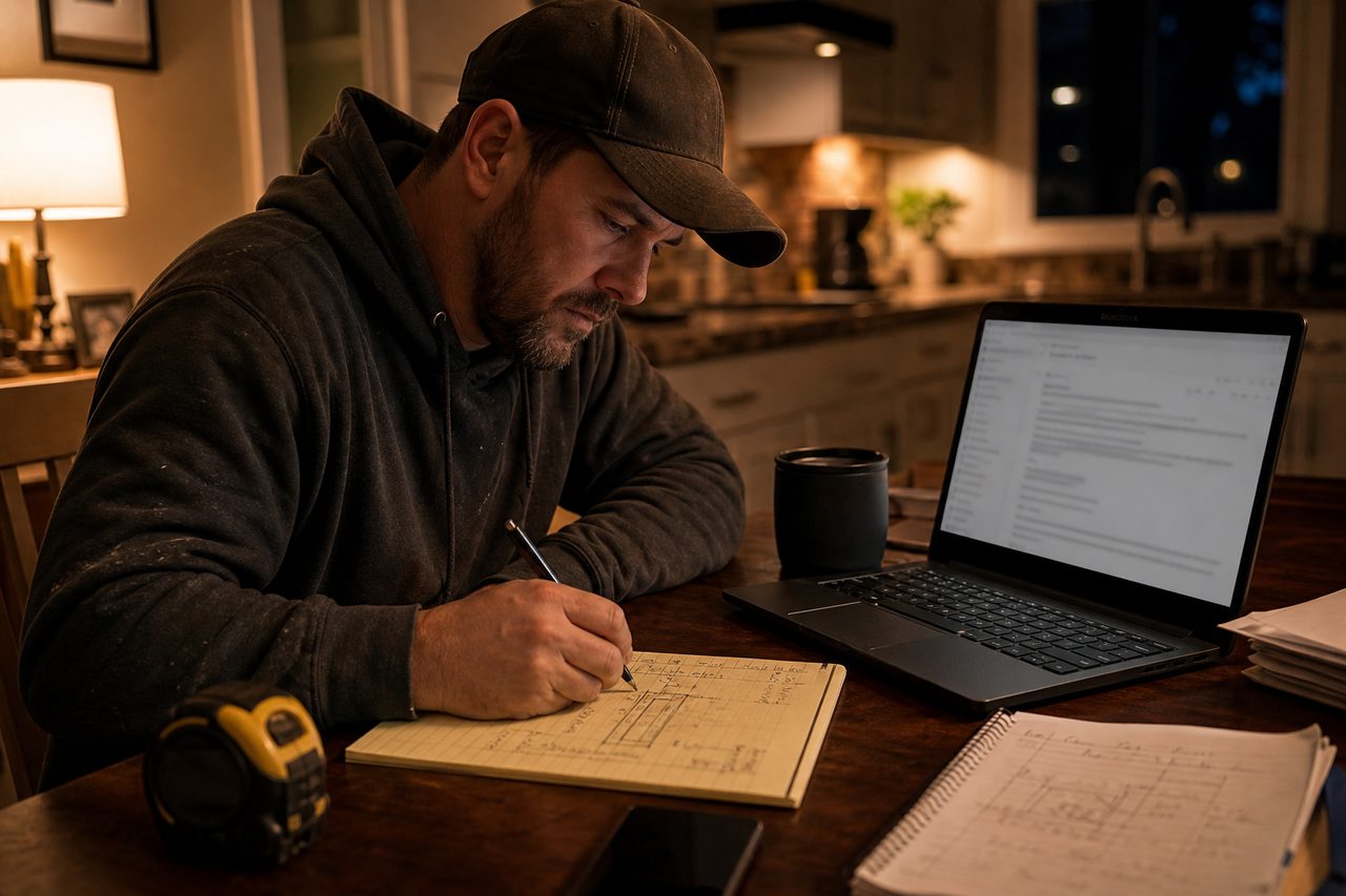 Contractor drafting a quote at the kitchen table after hours
