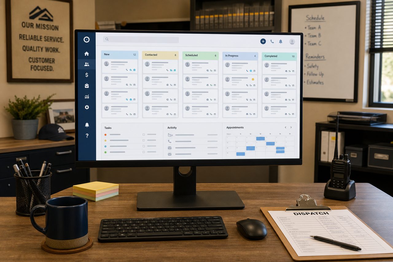 Organized CRM pipeline on a monitor in a small service office