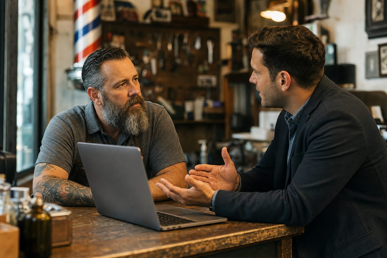 Owner and consultant talking through the business at a shop counter