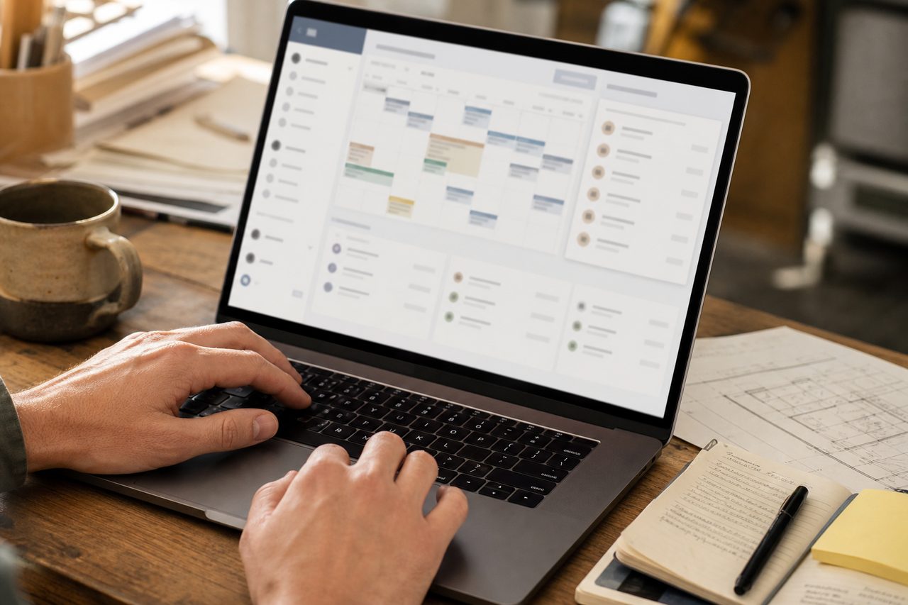 Hands configuring a booking dashboard on a laptop in a back office