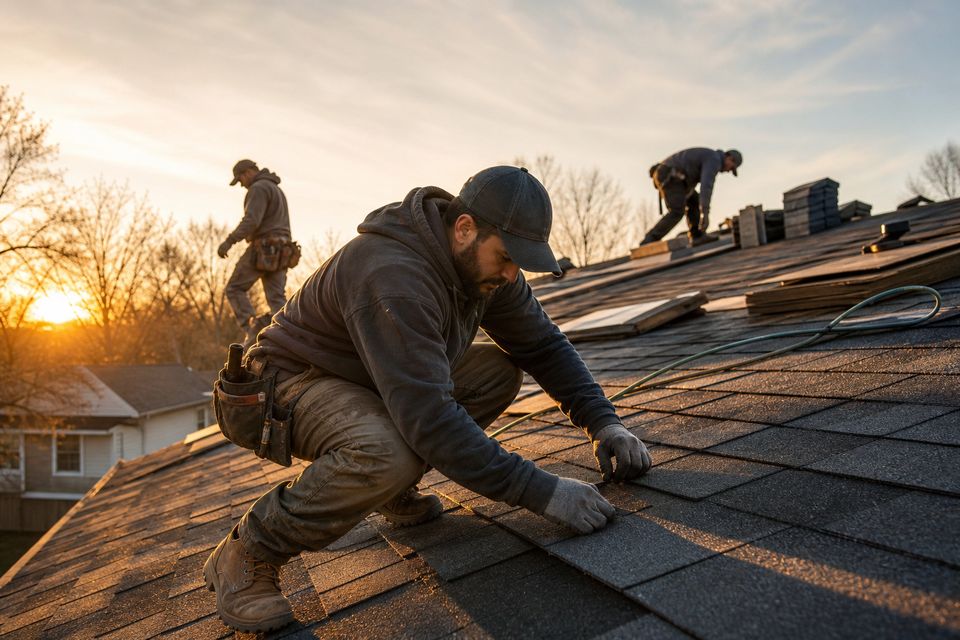 Roofing crew on a residential roof at golden hour