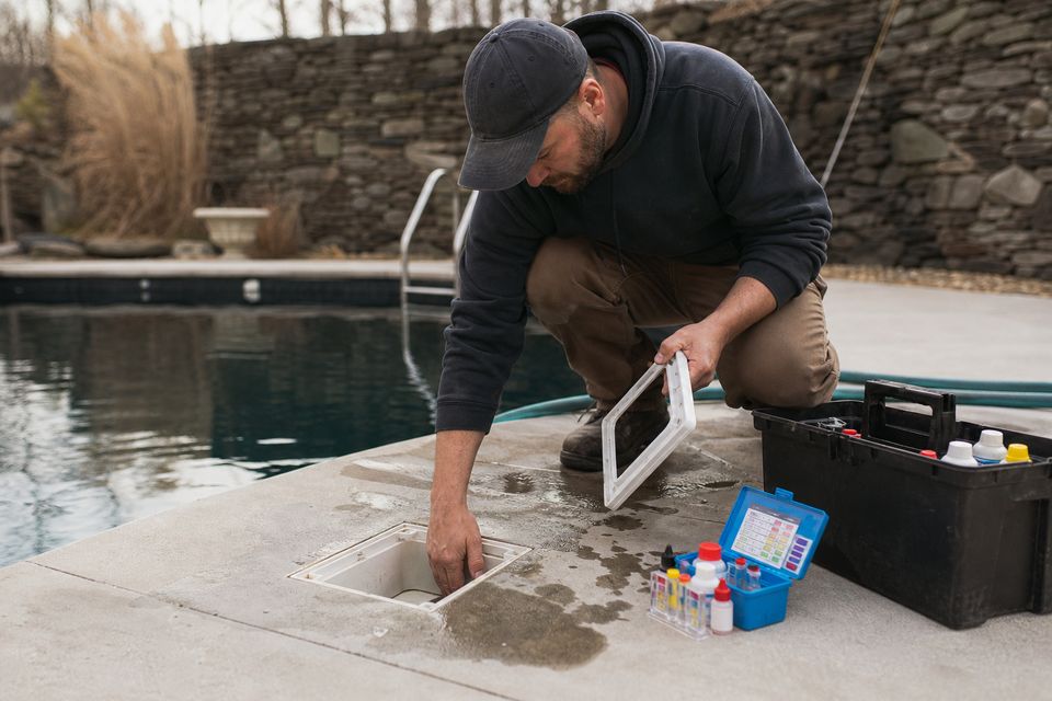Pool technician opening an inground pool in spring