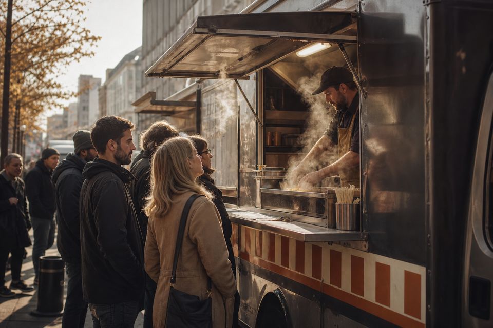 Food truck lunch rush with a line of customers