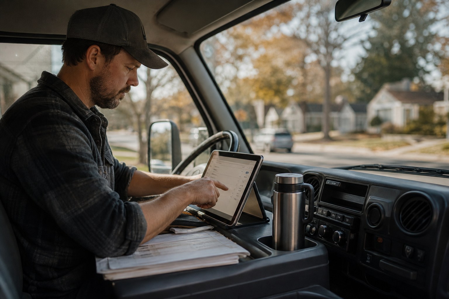 Contractor sending a digital estimate from a work truck between jobs