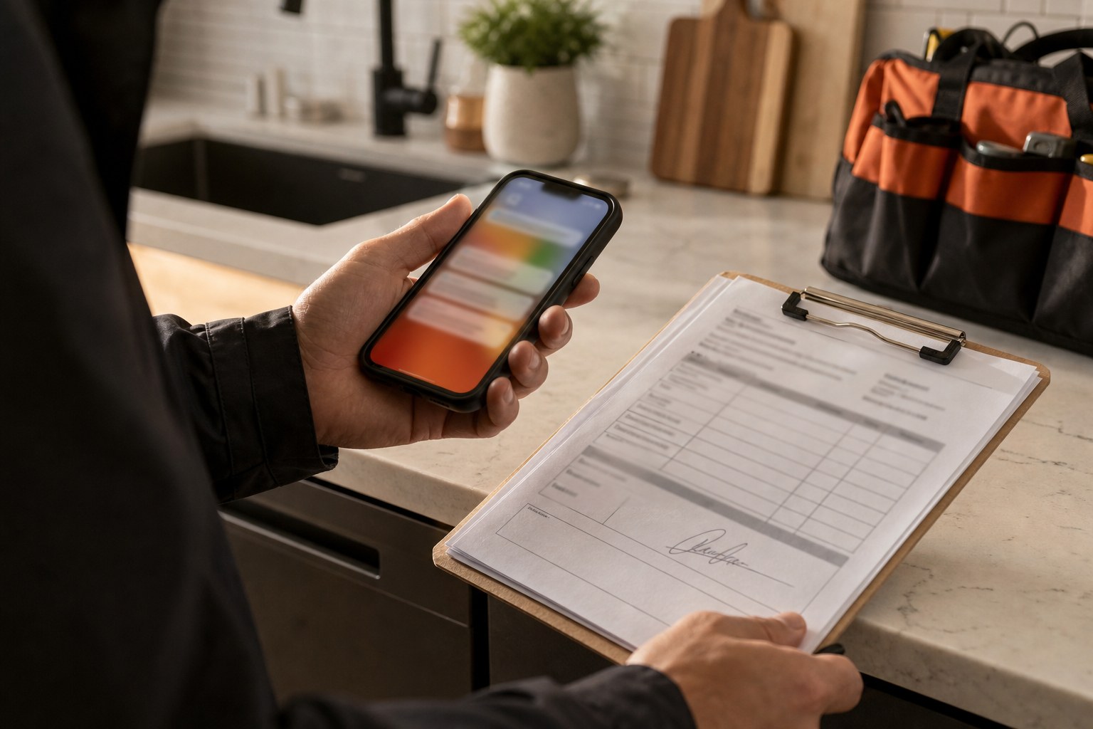 Signed work order on the counter while a confirmation lands on a phone
