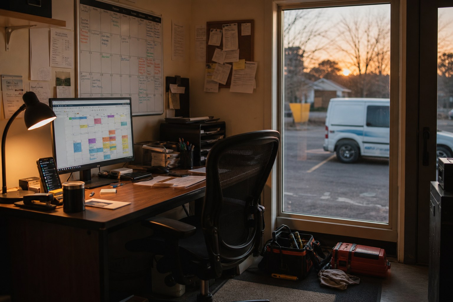 Empty service-office desk with a full week on the calendar at dusk