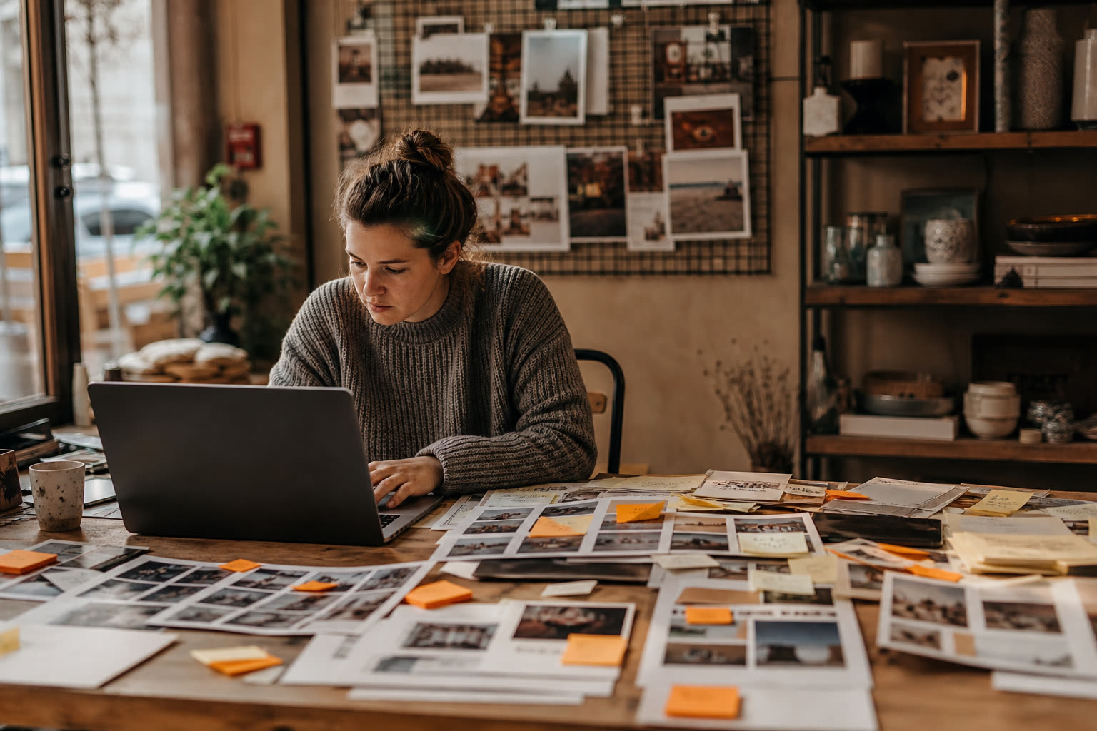 Printed contact sheets and sticky notes beside a laptop before cleanup