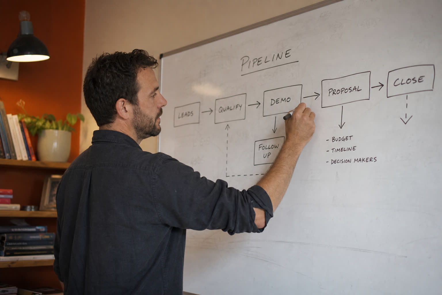 Whiteboard pipeline sketch with stages and arrows