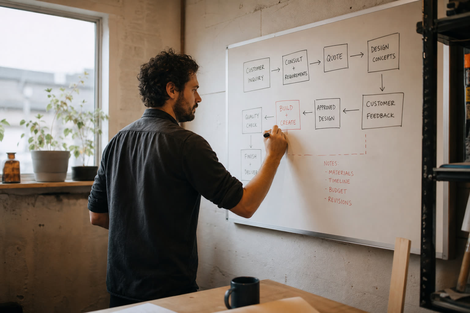 Whiteboard workflow sketch with boxes and arrows
