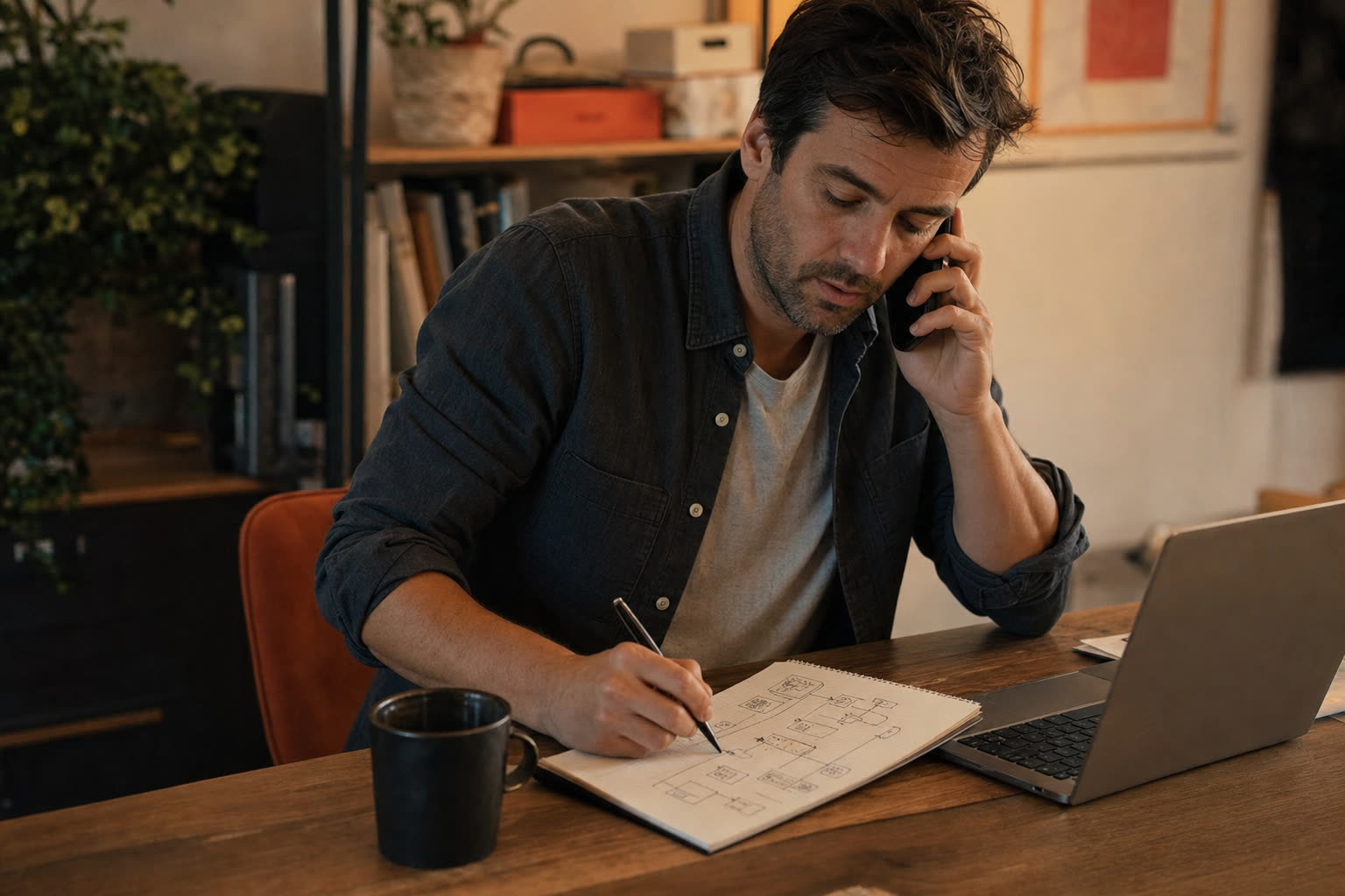 Scoping call with a diagram sketched on a notepad