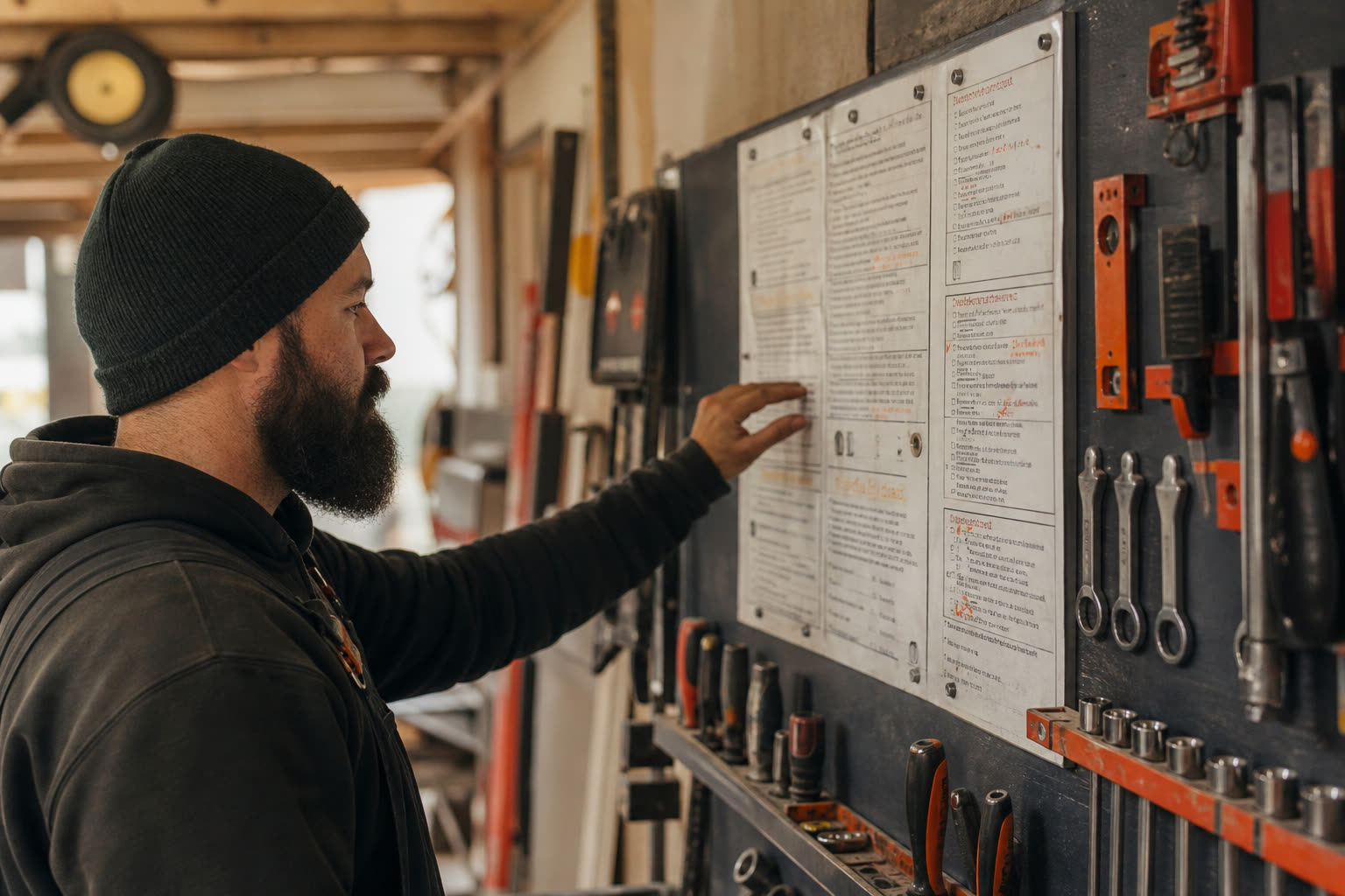 Shop-specific checklist and tools hung to match how work runs