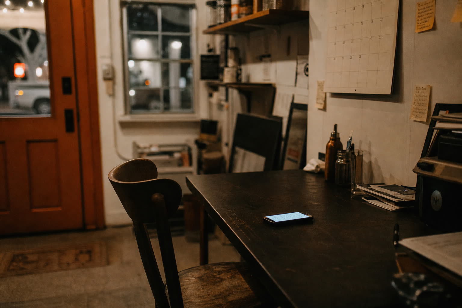 After-hours shop with a phone lighting up on a dark desk