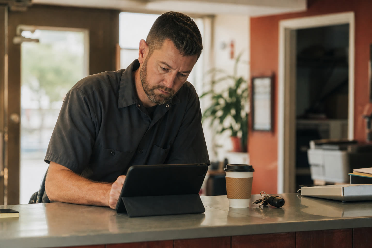 Owner reviewing overnight call log on a tablet at the morning counter