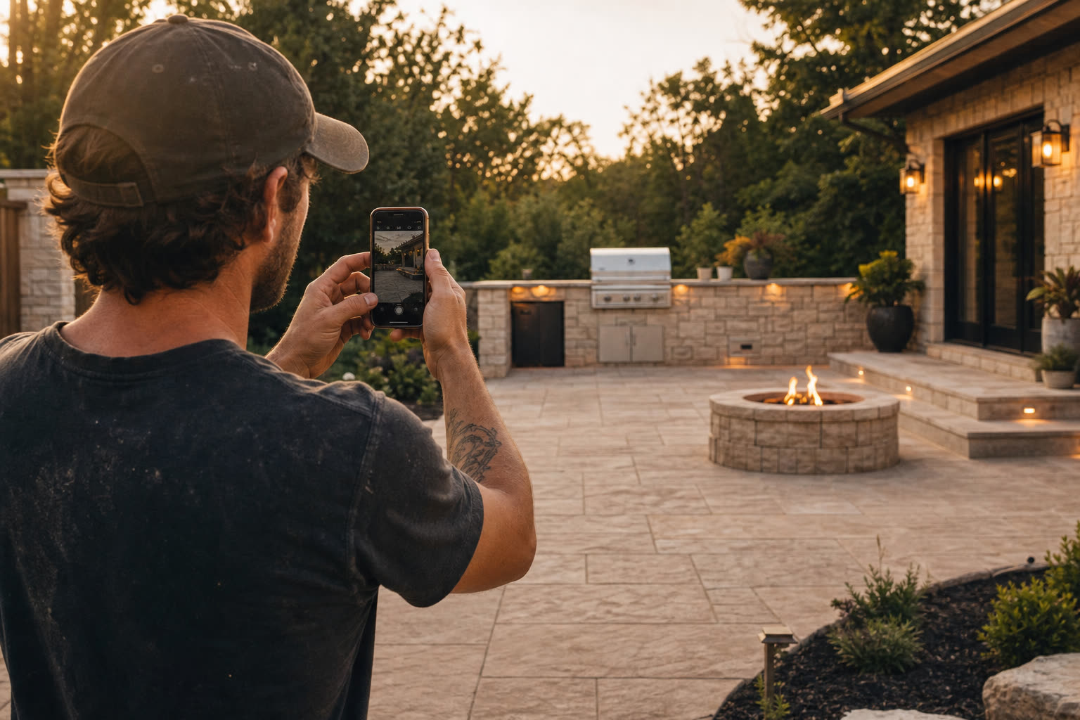 Tradesperson photographing a finished job with a phone at golden hour