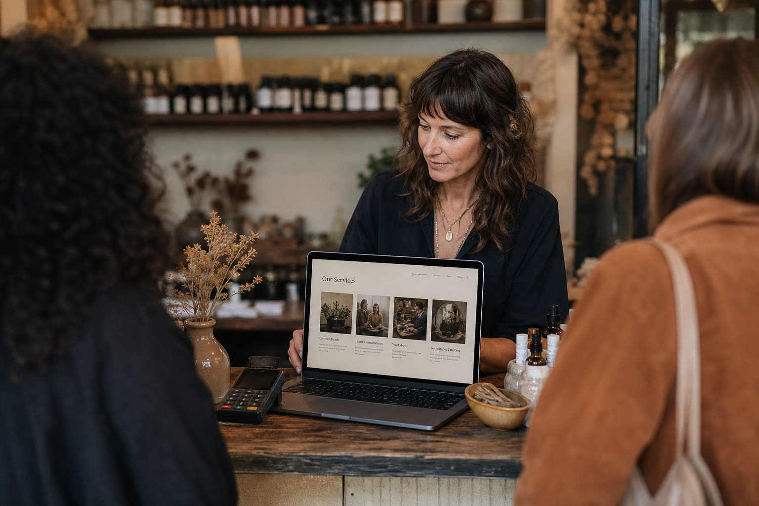 Shop counter laptop showing a simple service-site layout between customers