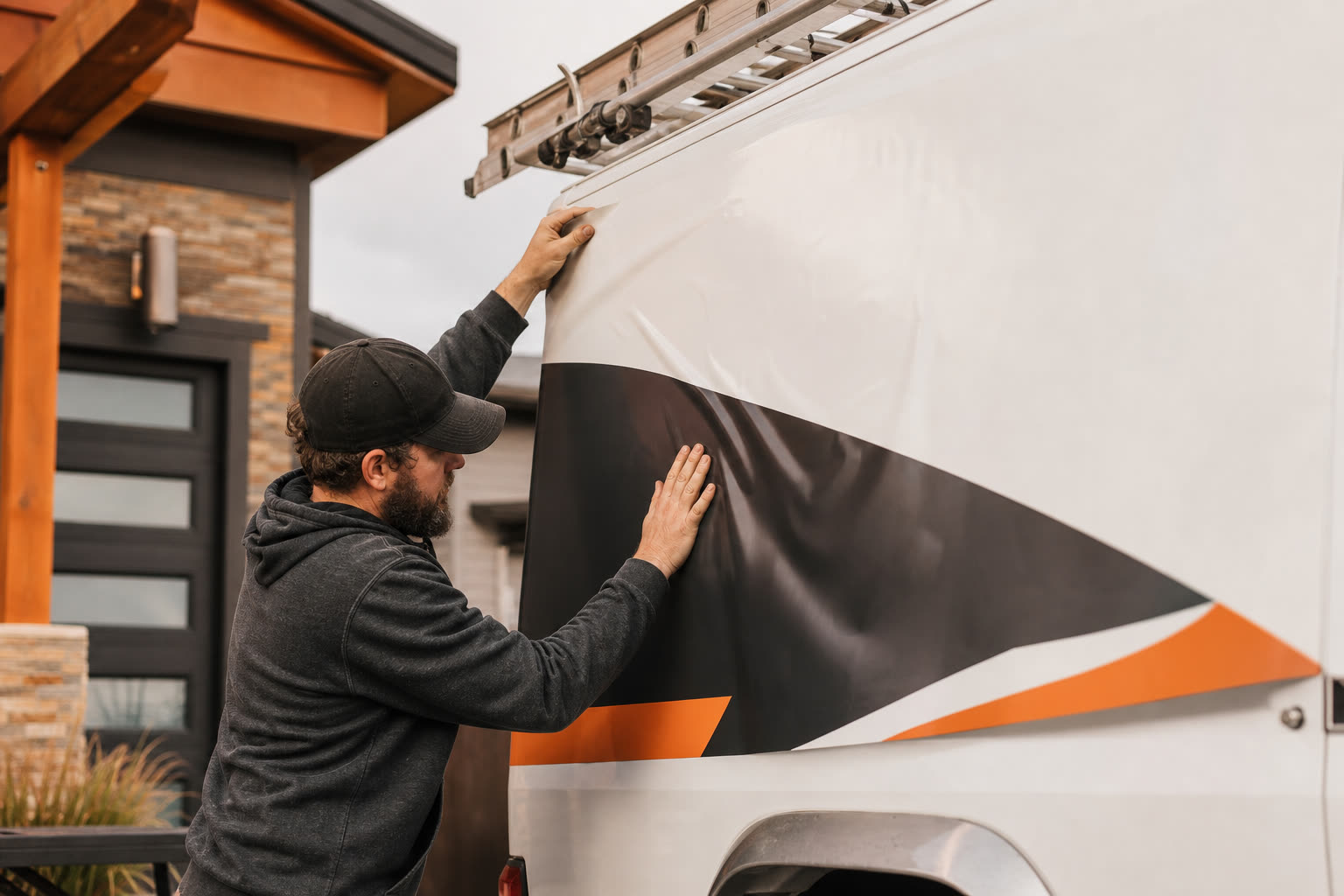 Fresh truck wrap or yard sign going up beside finished work