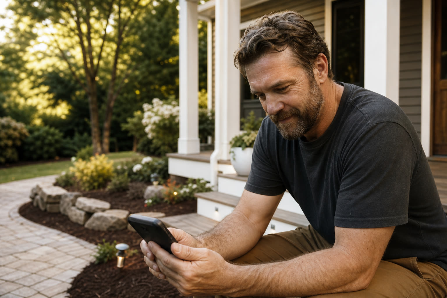 Homeowner on a porch scrolling a phone with finished work in the background