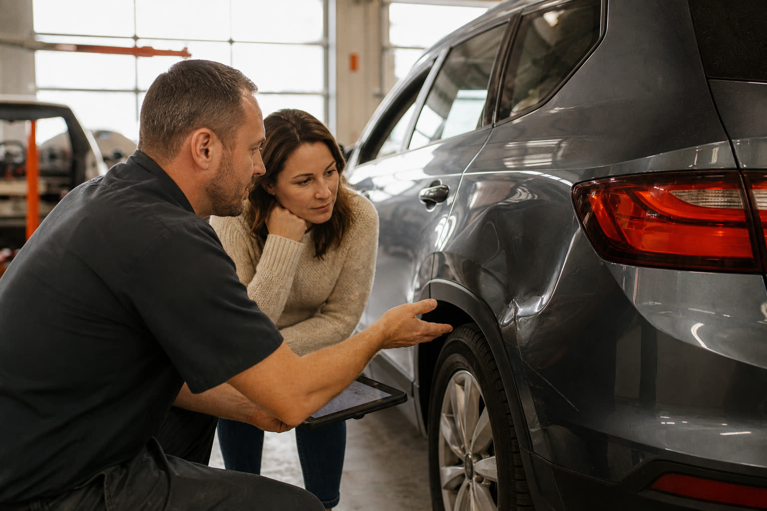 Estimator and customer reviewing rear quarter panel damage in the shop