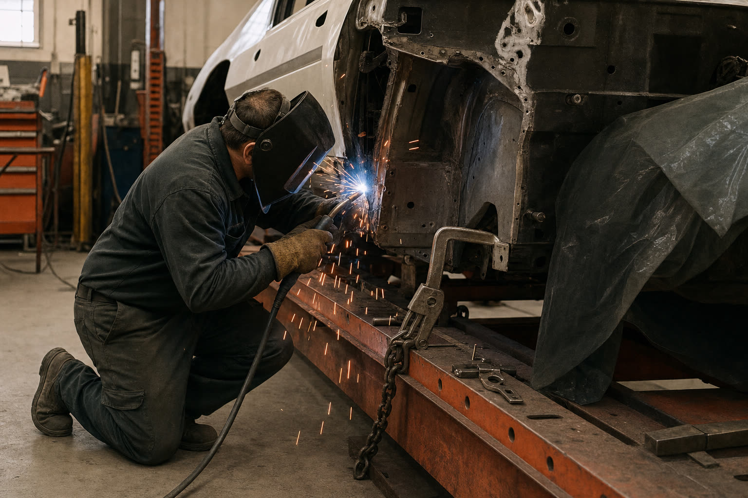 Masked welder repairing a vehicle on a frame rack