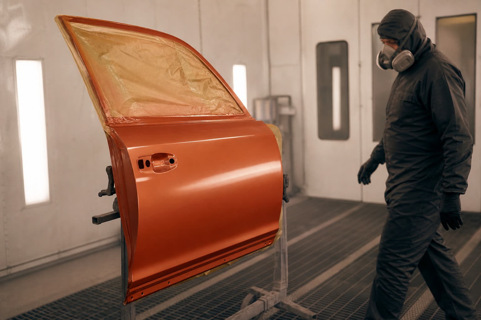 Freshly painted car panel drying in a collision repair booth