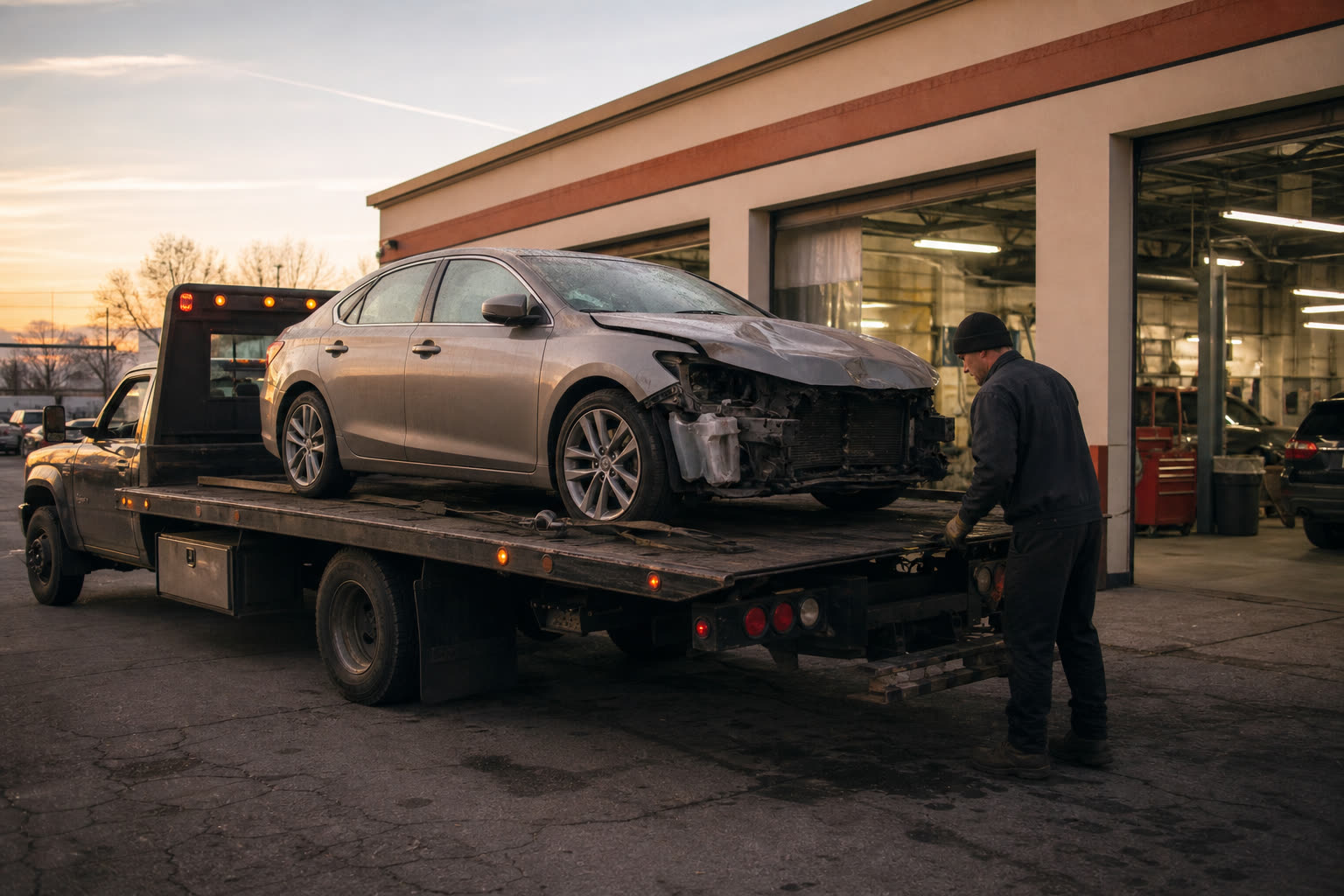 Damaged sedan on a flatbed tow at the body shop entrance