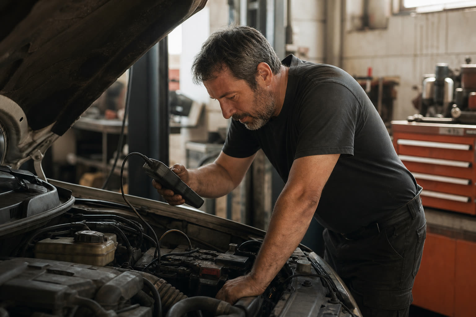 Mechanic diagnosing an engine under an open hood with a scan tool