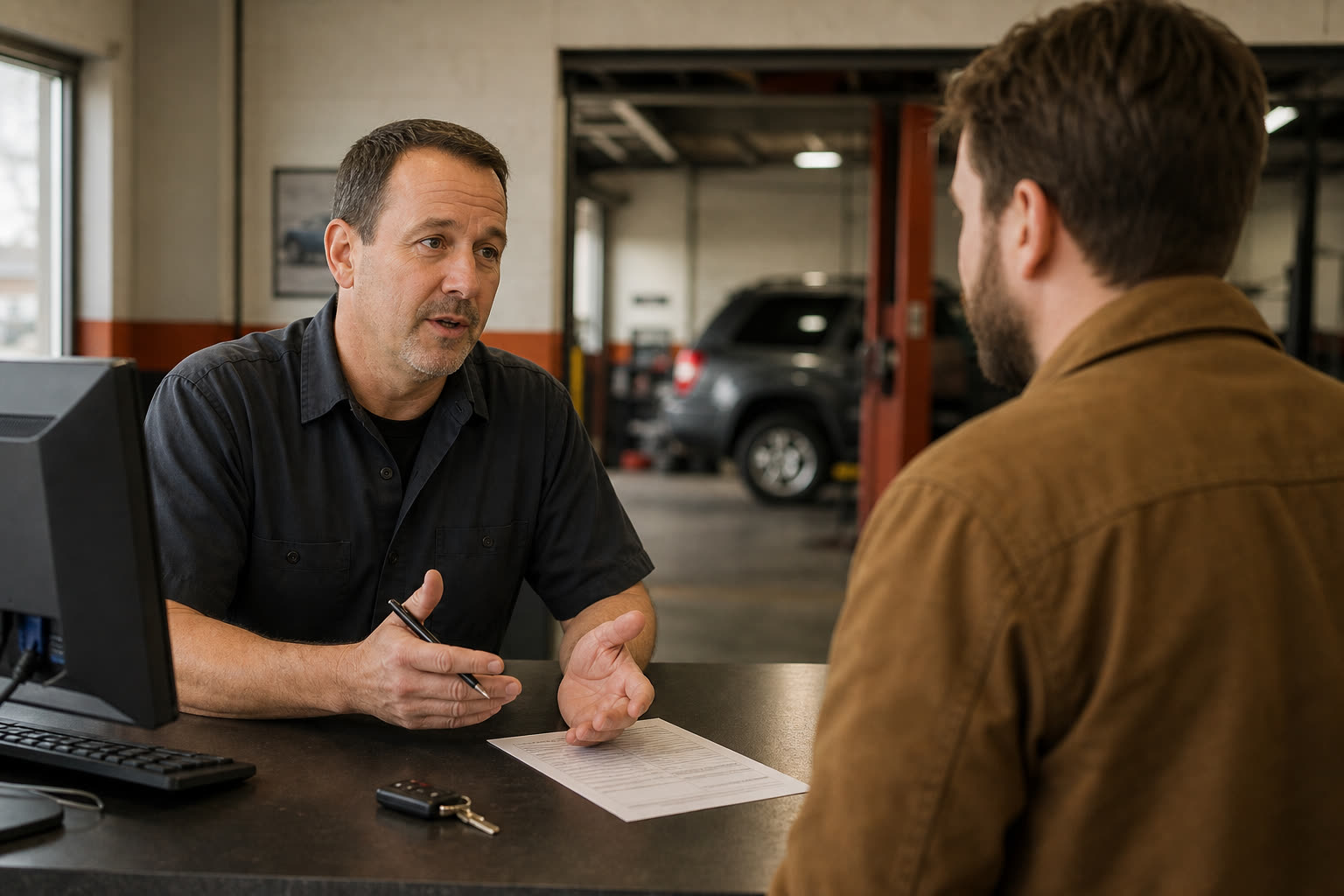 Service advisor talking with a customer at the shop counter