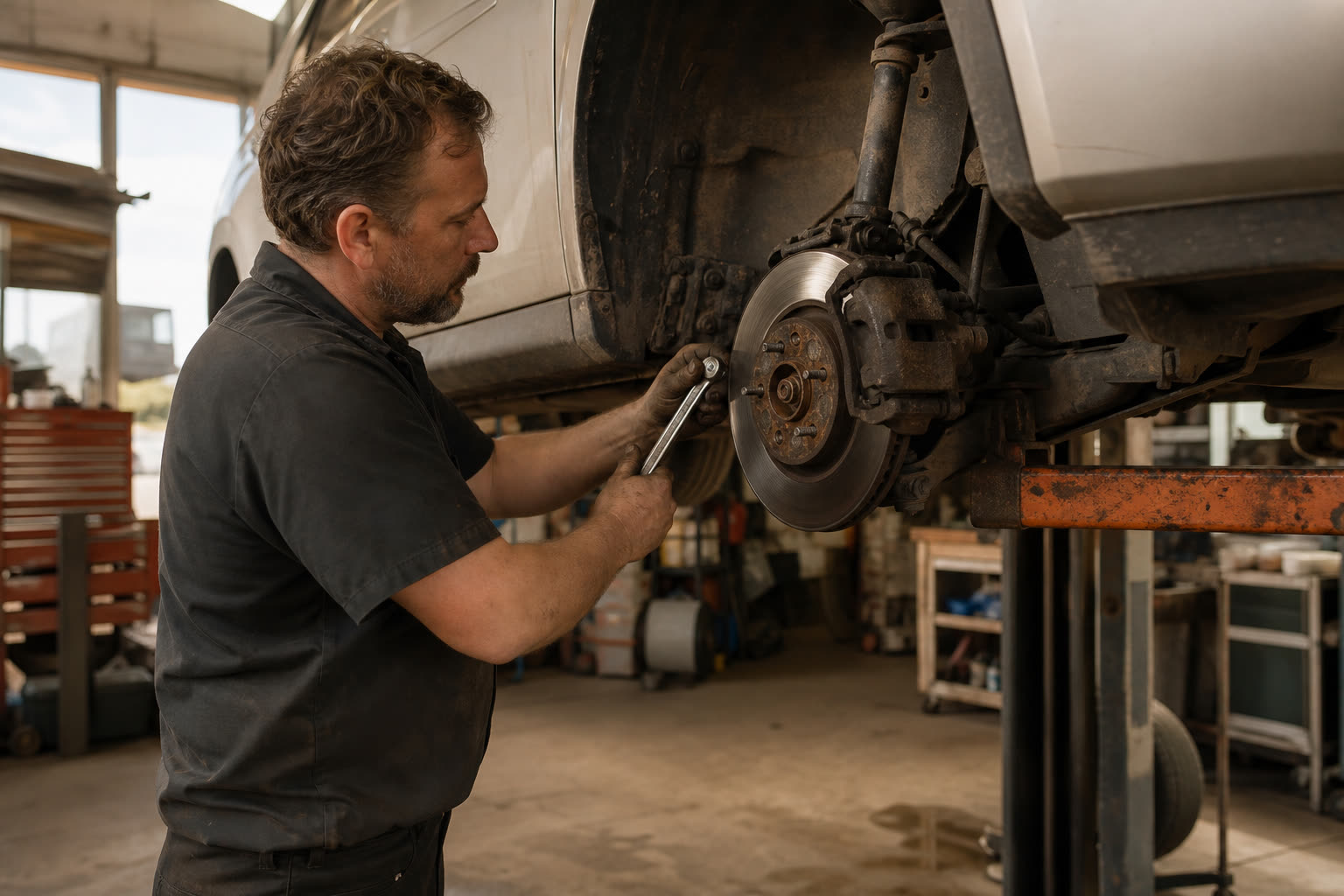 Technician performing brake service on a car on a hydraulic lift