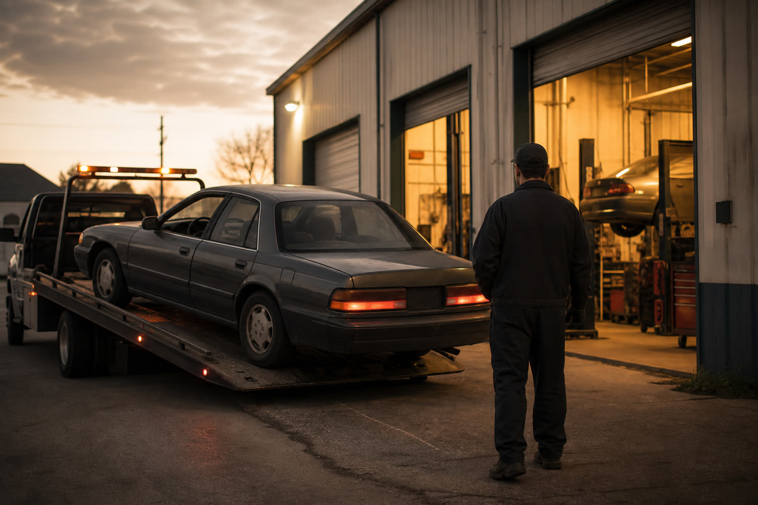 Tow truck dropping a car at the shop entrance at dusk