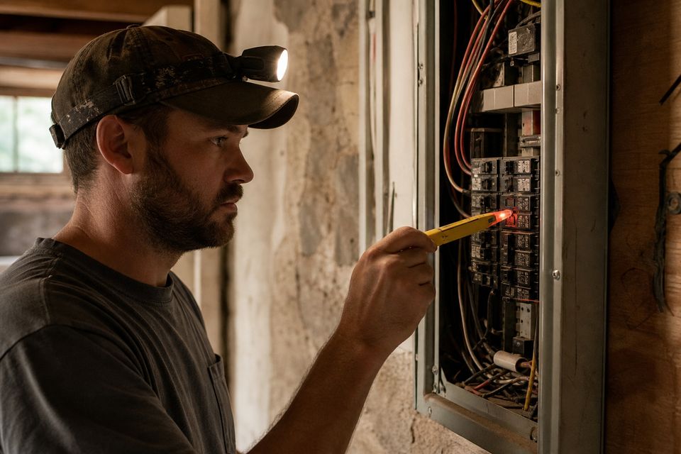 Electrician testing circuits at an open breaker panel