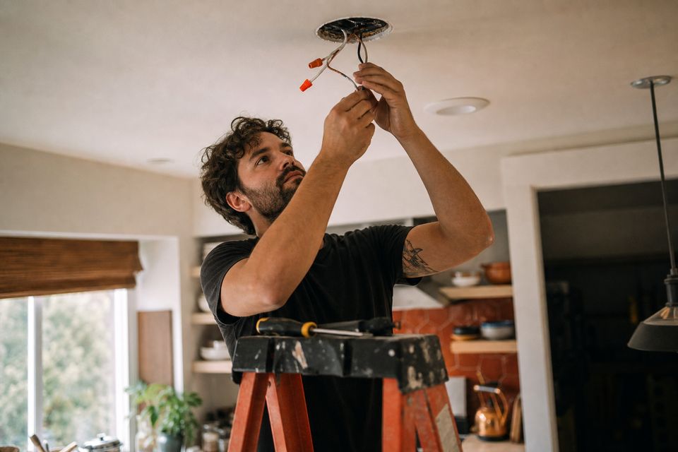 Electrician installing a ceiling fixture