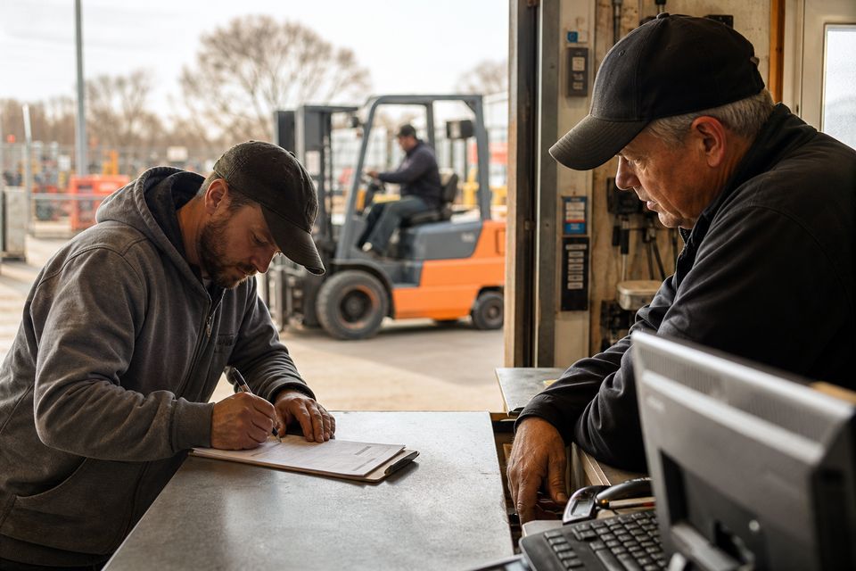 Customer signing at a rental-yard counter on a Saturday morning