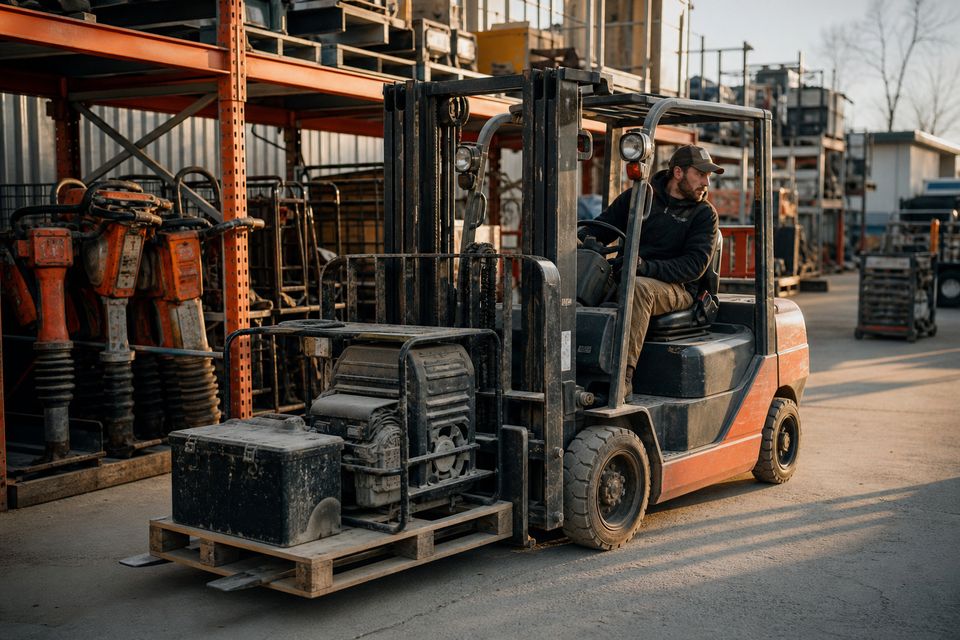 Forklift moving equipment in an outdoor rental yard