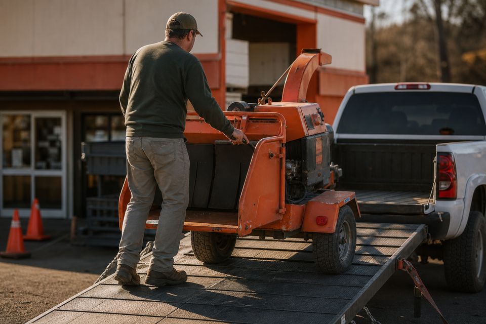 Customer loading rented equipment onto a pickup truck