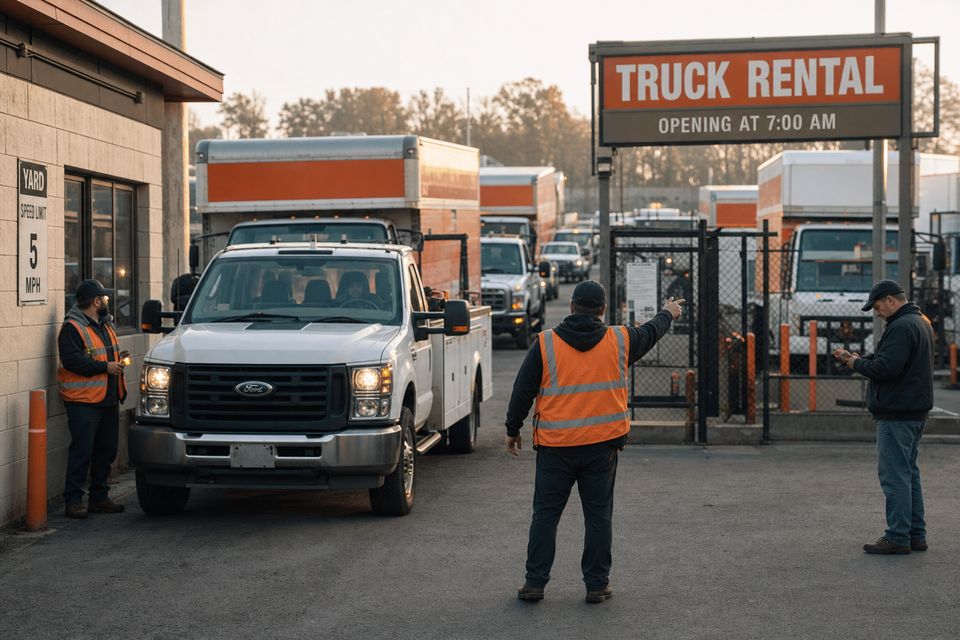 Busy rental yard entrance at opening time