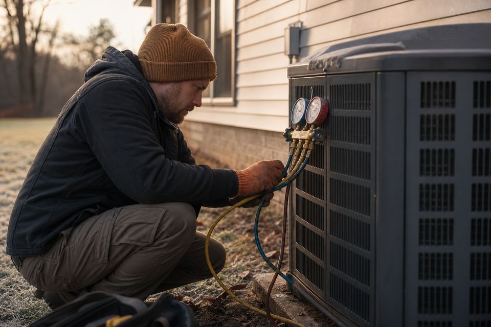 HVAC tech servicing an outdoor condenser with manifold gauges