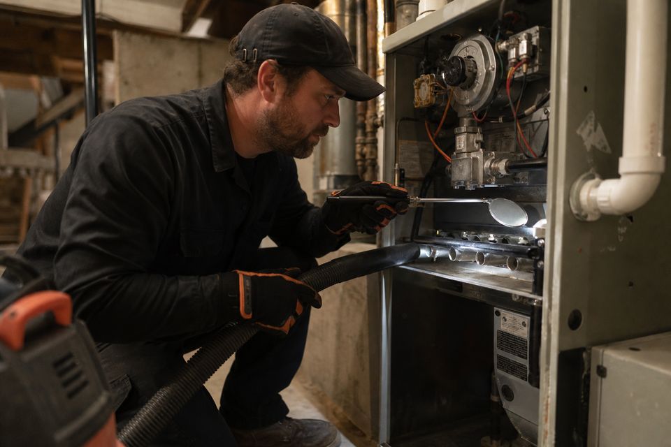 Furnace service in a basement utility room
