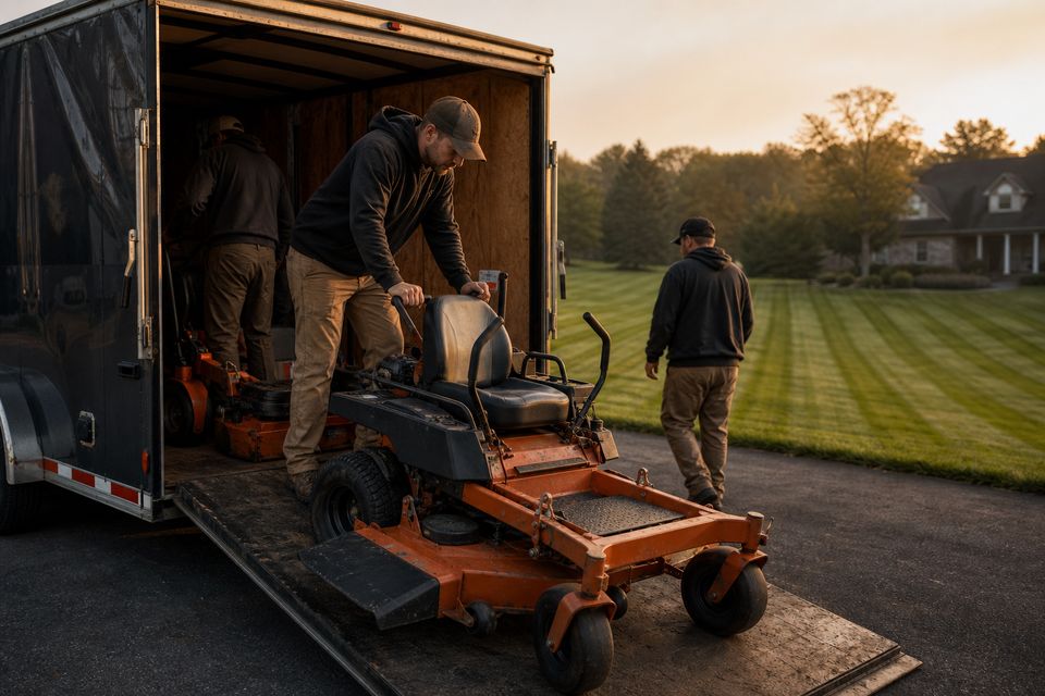 Crew unloading mowers from a trailer at first light