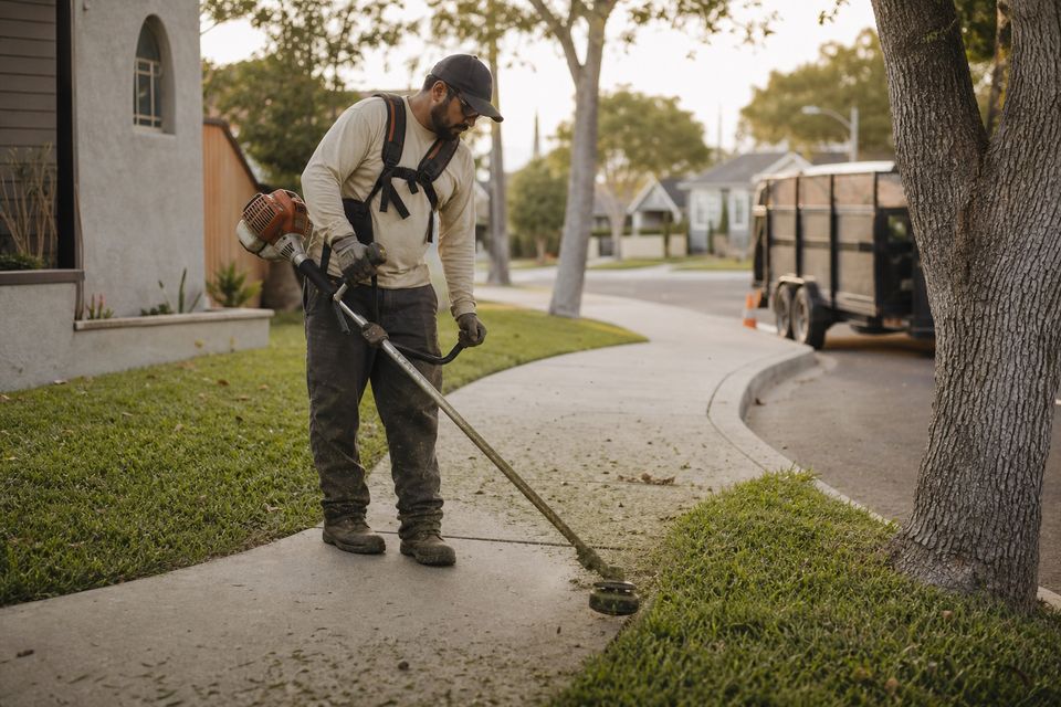 Landscaper edging a sidewalk with a string trimmer